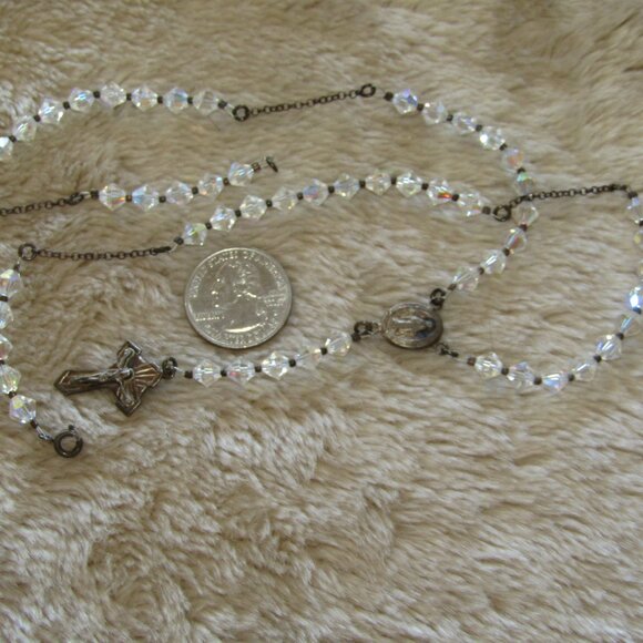 Vintage sterling silver and aurora borealis glass crystal rosary - Picture 2 of 9